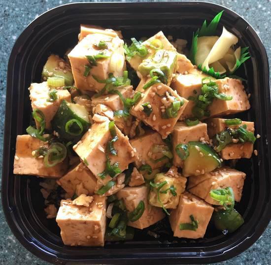 Tofu Poke Don · Avocado, cucumber, green onion, nori, sesame seeds, special poke sauce, and tofu.