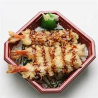 Ebi Tempura Don · 3 pieces of shrimp tempura with teriyaki sauce and nori.