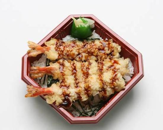 Ebi Tempura Don · 3 pieces of shrimp tempura with teriyaki sauce and nori.
