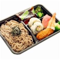 Sushi Soba Set · A set of cold soba noodles with tsuyu (soup), green onions, nori, California maki, ahi nigir...