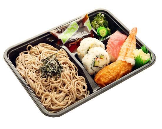 Sushi Soba Set · A set of cold soba noodles with tsuyu (soup), green onions, nori, California maki, ahi nigiri, Ebi nigiri, and inari (cone) sushi and wasabi.