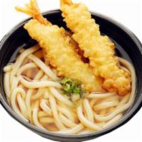 Tempura Udon · Hot or cold. Udon noodles topped with shrimp tempura, green onions, and wasabi (for cold udo...