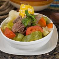 Caldo de Res · Beef broth with potatoes, carrots, tomato, chayote, cilantro, corn on cobb, mexican zucchini...