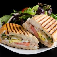 Muscat Sandwich · Tuna salad, hard boiled egg, eggplant, pickled lemon, tomato and spicy harisa.