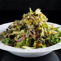 Pesto Salad · Mixed greens, cucumber, tomato, purple onion, green olives and corn topped with tuna salad o...