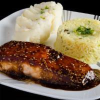 Sesame Crusted Teriyaki Salmon Fillet · Served with salad and 2 side dishes.