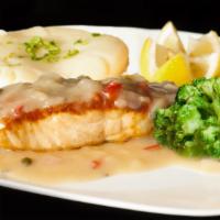Salmon Fillet with Lemon Sauce · Served with salad and 2 side dishes.