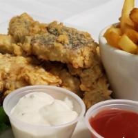 Fish and Chips · Fish fillets fried and served with fries.