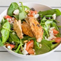 The Hunter · Choice of style. Chicken, spinach, pine nuts, black olives, red onions, tomatoes and goat ch...