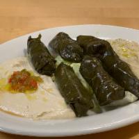 Saltus Plate · A sampler of hummus, UNAVAILABLE baba ghanouj and veggie dolmathes.
