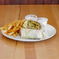 Falafel Wrap · Ground chick peas, onions and spices deep fried and served in wrap with size fries 