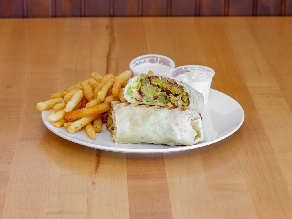 Falafel Wrap · Ground chick peas, onions and spices deep fried and served in wrap with size fries 