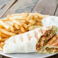 Chicken Shawarma Wrap · chicken shawarma wrap with size fries.