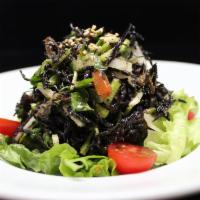 Hijiki Salad · Cooked black seaweed and watercress with sliced cucumber mixed with homemade daikon radish d...