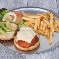 Crispy Buffalo Chicken Sandwich · Hot or mild, topped with avocado or Swiss cheese. Served with fries.