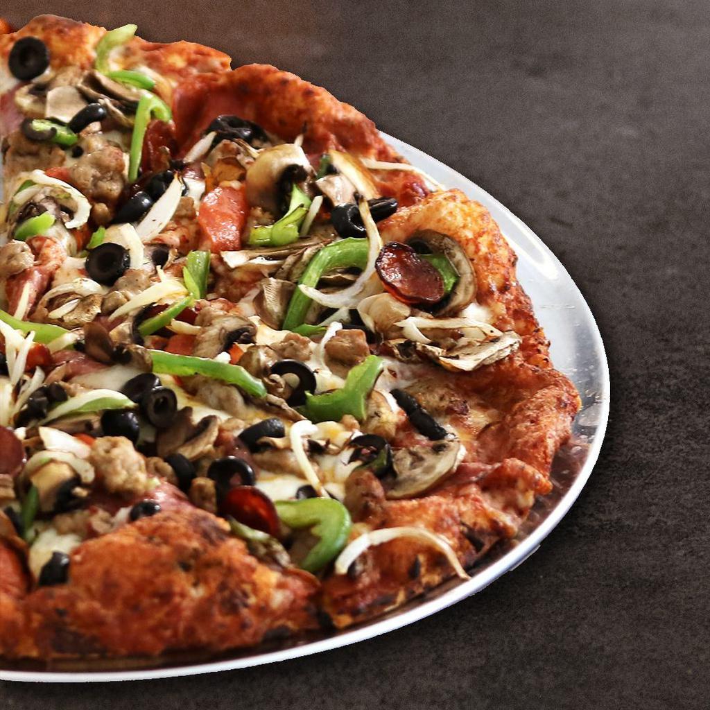 Personal King Arthur’s Supreme Pizza · 6 slices. Pepperoni, Italian sausage, salami, linguica, mushrooms, green peppers, yellow onions, black olives on zesty red sauce.