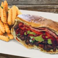 Torta Azteca with Fries · A choice of protein with ham, melted Oaxaca cheese, onions, avocado, re-fried beans, tomatoe...