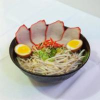 3. BBQ Pork Ramen · Shoyu soup base, normal wavy noodle, BBQ pork, bean sprouts, flavored egg, pickled ginger, s...