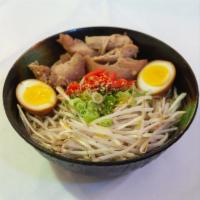 5. Chicken Ramen · Shoyu soup base, normal wavy noodle, Teriyaki chicken, bean sprouts, flavored egg, pickled g...