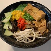 12. Vegetarian Ramen · Shoyu broth tofu, bean sprouts, bok choy, green onion, corn, ginger, bamboo shoots, kikurage...