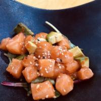 Ahi Poke Salmon · Fresh salmon with avocado, masago served with chili oil & Japanese dressing