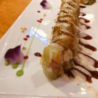 Incredible Hulk Roll · Tempura crabmeat, sweet egg, avocado & cream cheese inside with soy paper, served with eel s...