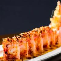 Angry Dragon Roll · Shrimp tempura, spicy tuna inside, spicy crabmeat salad top kizame nori soy paper ,served wi...