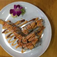 Scorpion King Roll(16) · Shrimp tempura roll & softshell crab roll inside, shrimp, eel sauce & spicy mayo on top