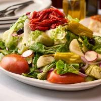 Mixed Green Salad · Mixed Greens, Tomato, Onions, Pepperoncini, Celery, Radish, Olives - Served w/ House Vinaigr...