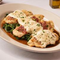 Chicken Saltimbocca · Thin Sliced Chicken on a Bed of Sautéed Spinach Topped w/ Prosciutto & Melted Mozzarella in ...