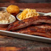 1/2 Rack Memphis Pork Rib Plate · Dry Rubbed & Hickory Smoked Ribs - Served w/ Choice of Two Small Sides & Cornbread