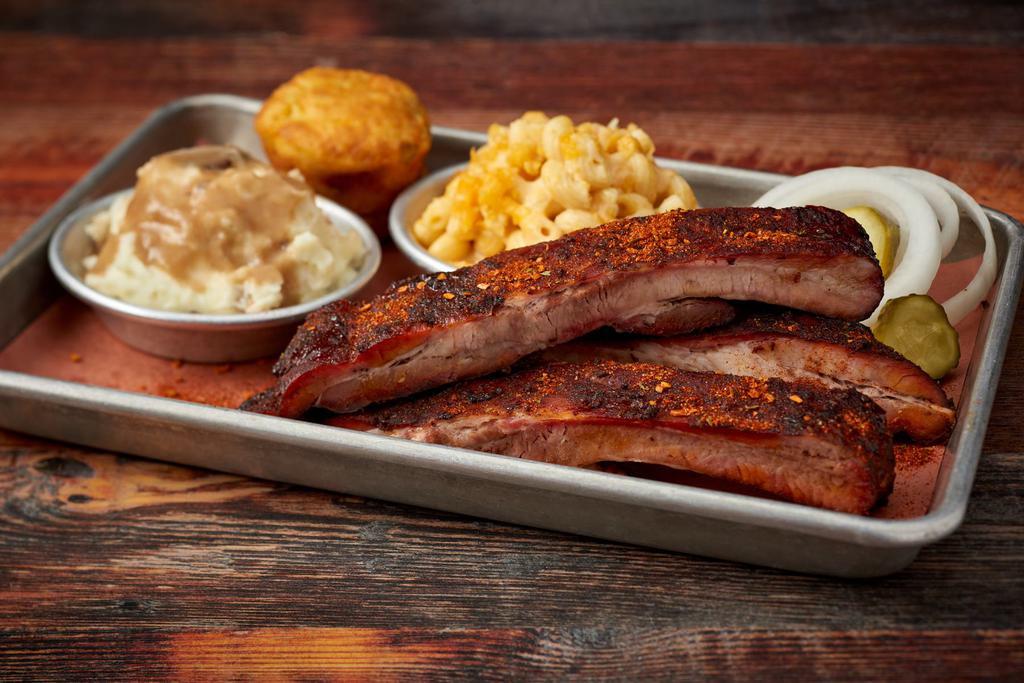 1/2 Memphis Style Pork Rib Plate · Dry Rubbed & Hickory Smoked Ribs - Served w/ Choice of Two Small Sides & Cornbread