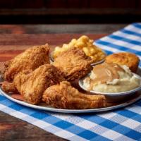 Fried 1/2 Chicken Plate · Half a Chicken - Dredged in our special blend of flour and spices - Served w/ Choice of Two ...