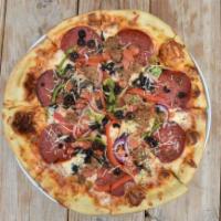 Pizza Supreme · Tomato sauce, shredded mozz, pepperoni, sausage, portobello, green peppers, red onion, olive...