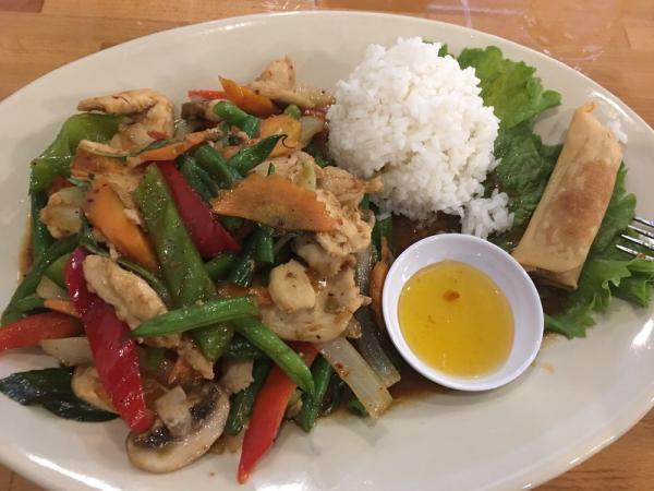 Spicy Basil · Sauteed onion, bell pepper, green bean, carrot, mushroom and basil with spicy basil sauce. Served with steamed rice. Spicy.
