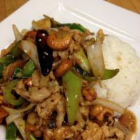 Cashew Nut · Sauteed onion, bell pepper, mushroom, celery, carrot, dry pepper and cashew nut in brown sau...