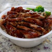 Chicken Bowl · Chicken topped with your choice of teriyaki sauce or hot garlic sauce and choice of rice, no...