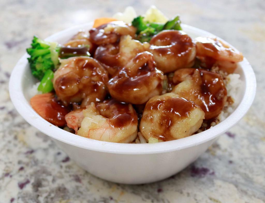 Shrimp Bowl · Shrimp topped with your choice of teriyaki sauce or hot garlic sauce along with your choice of rice, noodles, or vegetable only. Mixed vegetables are included with choice of rice or noodles.