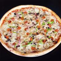 Bronx Pie · Flippin' pizza sauce, 100% whole milk mozzarella, pepperoni, sausage, green bell peppers, re...