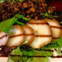 Poached Pear Salad · Mixed greens, red wine, poached pears, caramelized walnuts, raspberry vinaigrette
balsamic g...