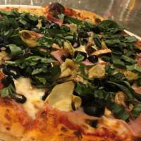 Quattro Stagioni  Pizza · Mozzarella, ham, mushrooms, black olives, artichokes, fresh basil and extra virgin olive oil.