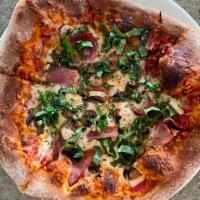 Torino  Pizza · Mozzarella, ham, mushrooms, basil and extra virgin olive oil.