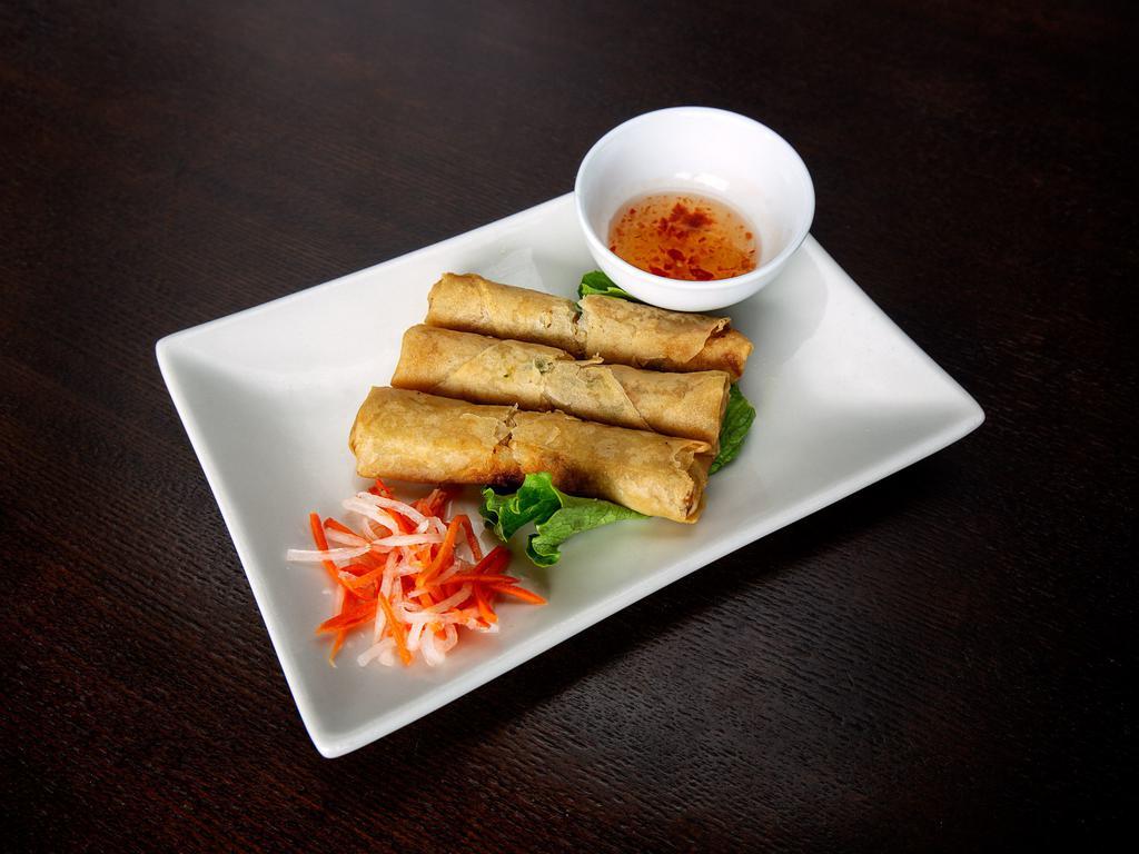 A1. Cha Gio Thit · Crispy egg rolls. 3 pieces of rolls. Crispy roll stuffed with ground pork, clear noodle, julienne carrots, dried black fungus mushrooms, and taro served with gourmet fish sauce.