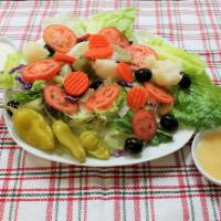 Dinner Salad · Crunchy Iceberg and Romaine Lettuce, Red Cabbage, Fresh Tomatoes, Black Olives, Giardiniera ...