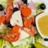 Mixed Antipasto Salad · Iceberg and Romaine Lettuce, Red Cabbage, Ham, Salami, Provolone, Mortadella, Black Olives, ...