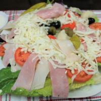 Chef Salad · Iceberg and Romaine Lettuce, Red Cabbage, Fresh Tomatoes, Ham, Turkey, Giardiniera, Pepperon...