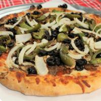 Combo Pizza · Pepperoni, Italian Sausage, Ground Beef, Mushrooms, Green Peppers, Onions, and Black Olives.