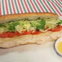 Turkey Cold Sandwich · Thinly Sliced Turkey Breast, Lettuce, Fresh Tomato, Italian Dressing and Mayonnaise. Served ...