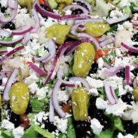 Tray of Greek Salad · Heart of Romaine, Cucumbers, Fresh Tomatoes, Black Olives, Red Onions, Crumbled Feta Cheese,...