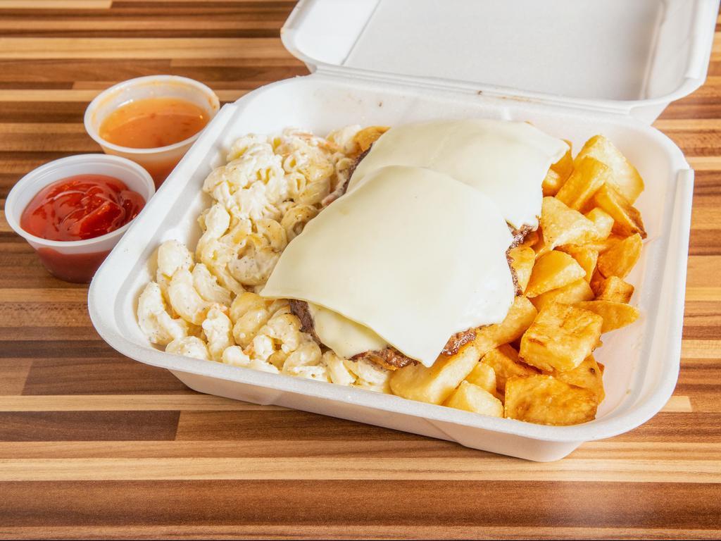 2 Cheeseburger Plate · Includes 2 sides.